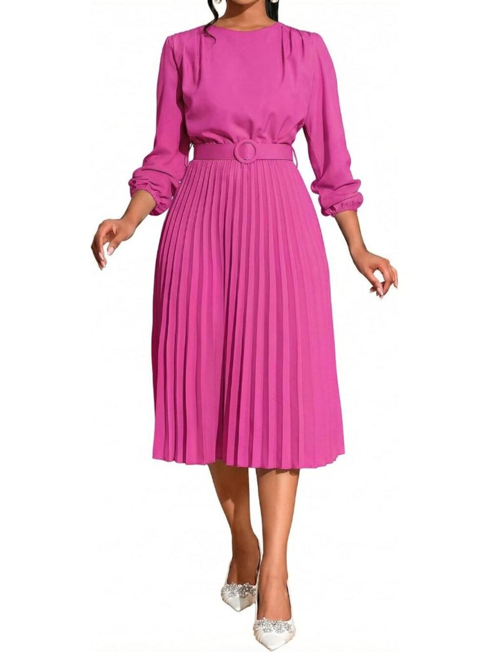 🆕Women's Dark Pink Pleated Midi Dress Long Sleeve Semi Formal Dress Casual
